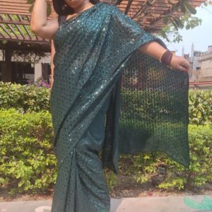 emerald green sequin work party wear saree