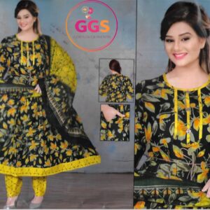 cotton floral anarkali 3 piece suit set with pocket