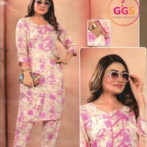 floral cotton kurta pant set with pocket – pink print (xl, xxl)