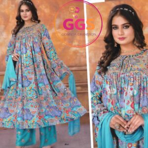 floral printed cotton anarkali 3 piece suit set – blue (xl, xxl)